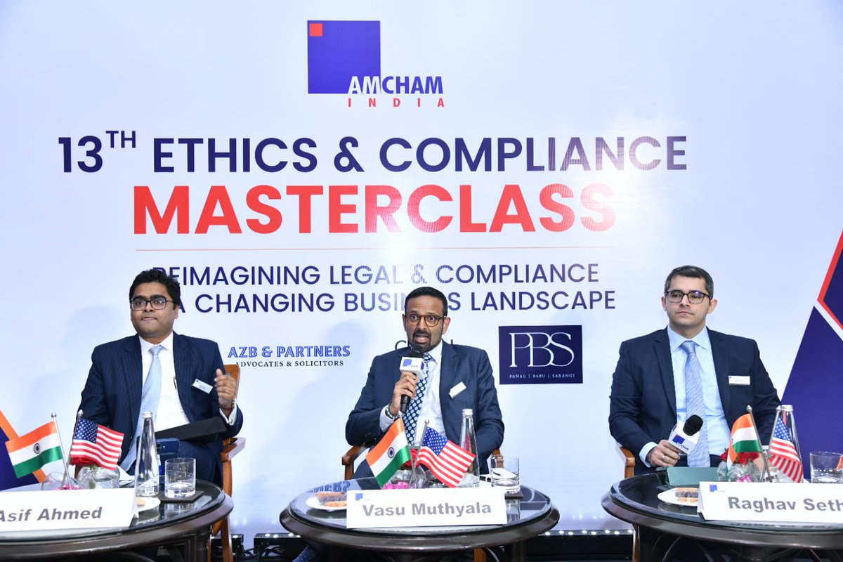 AmchamIndia's tweet photo. Navigating Geopolitical & Regulatory Uncertainty

At AMCHAM India’s 13th Ethics & Compliance Masterclass, themed ‘Reimagining Legal & Compliance in a Changing Business Landscape,’ Mr. Raghav Seth, Partner, AZB & Partners, Mr. Asif Ahmed, Partner, AZB & Partners, and Mr. Vasu Muthyala, APAC Regional Head - Investigations and White-Collar Crime Practice, @Clifford_Chance, explored the implications of shifting geopolitics and an evolving enforcement landscape.

The conversation focused on export controls, sanctions, changes in law and force majeure and how regulators and courts in India and the US deal with such issues. The discussions also covered the need for greater diligence in cross-border contracts, regulatory obligations and multi-agency coordination.
As geopolitical dynamics reshape business, legal and compliance are becoming critical to building resilience and navigating complexity with confidence.
 
#AMCHAMIndia #EthicsAndCompliance #LegalAndCompliance #Geopolitics #RiskManagement