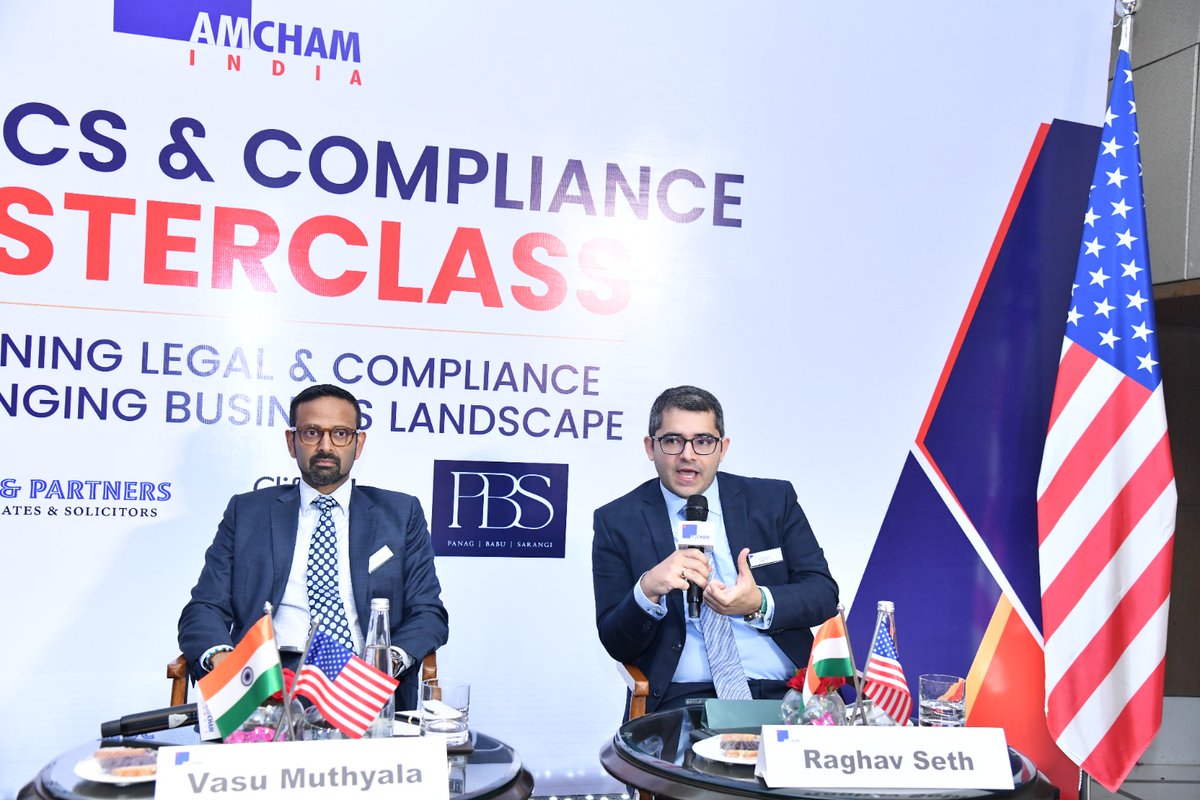 AmchamIndia's tweet photo. Navigating Geopolitical & Regulatory Uncertainty

At AMCHAM India’s 13th Ethics & Compliance Masterclass, themed ‘Reimagining Legal & Compliance in a Changing Business Landscape,’ Mr. Raghav Seth, Partner, AZB & Partners, Mr. Asif Ahmed, Partner, AZB & Partners, and Mr. Vasu Muthyala, APAC Regional Head - Investigations and White-Collar Crime Practice, @Clifford_Chance, explored the implications of shifting geopolitics and an evolving enforcement landscape.

The conversation focused on export controls, sanctions, changes in law and force majeure and how regulators and courts in India and the US deal with such issues. The discussions also covered the need for greater diligence in cross-border contracts, regulatory obligations and multi-agency coordination.
As geopolitical dynamics reshape business, legal and compliance are becoming critical to building resilience and navigating complexity with confidence.
 
#AMCHAMIndia #EthicsAndCompliance #LegalAndCompliance #Geopolitics #RiskManagement