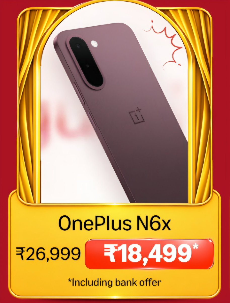 saaaanjjjuuu's tweet photo. OnePlus N6x is available for ₹18,499* as part of a limited sale period on Amazon: 

> 6.8" HD+ 120Hz display 
> MTK 6360 apex
> 13MP rear & 5MP front
> OxygenOS 16
> 7000mAh 

I've heard a few brands are planning to launch MTK 6360 under 40K. Considering this market situation, if you want a OnePlus smartphone under 20K, this could be a good time to pick.