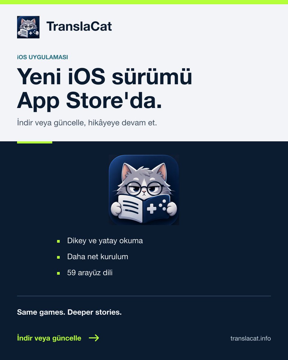 TranslaCatApp's tweet photo. TranslaCat'in yeni iOS sürümü App Store'da.

Dikey/yatay okuma, daha kararlı kamera ve altyazılar, daha kolay kurulum ve 59 arayüz dili.

İndir veya güncelle: https://t.co/zKLl8cVIou

Same games. Deeper stories. https://t.co/Wq6MiYR2ZP