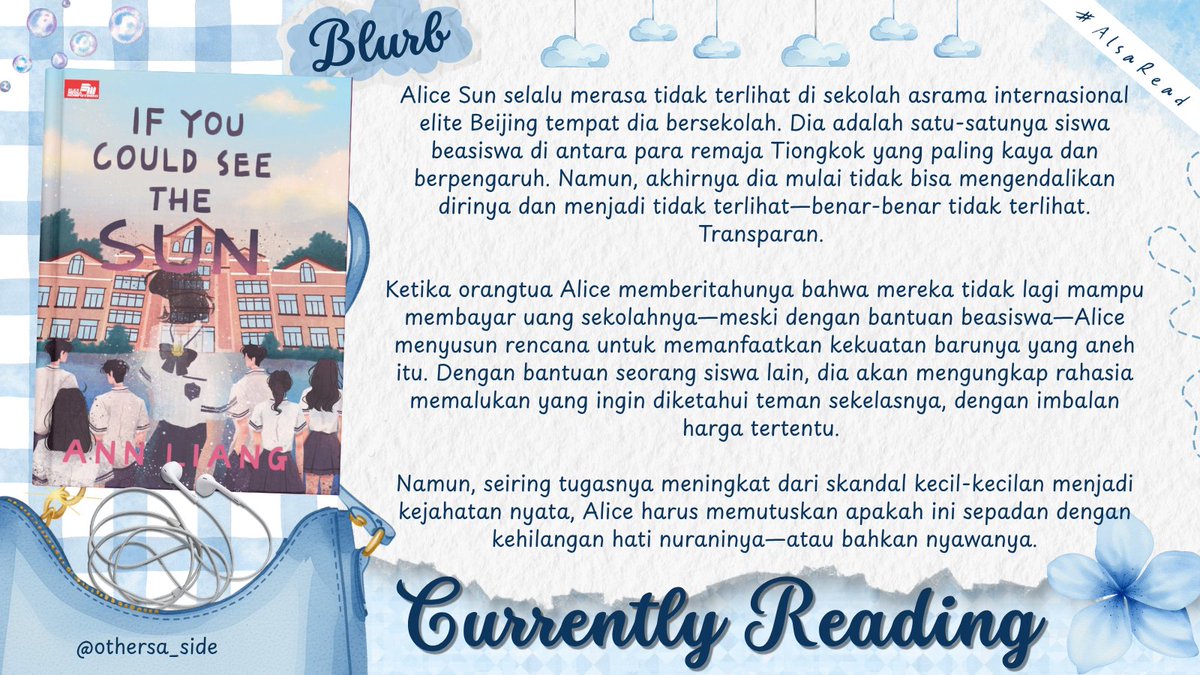 othersa_side's tweet photo. ˚₊‧꒰ა Currently Reading ໒꒱ ‧₊˚

𝗜𝗳 𝗬𝗼𝘂 𝗖𝗼𝘂𝗹𝗱 𝗦𝗲𝗲 𝘁𝗵𝗲 𝗦𝘂𝗻 by 𝗔𝗻𝗻 𝗟𝗶𝗮𝗻𝗴

𑣲 336 pages
𑣲 Translated by Airien Kusumawardhani
𑣲 YA, Fantasy, Asian-Lit
𑣲 Physical Book

#AlsaRead

⚠️ contain spoiler ⚠️ https://t.co/aqeGDwHz2R