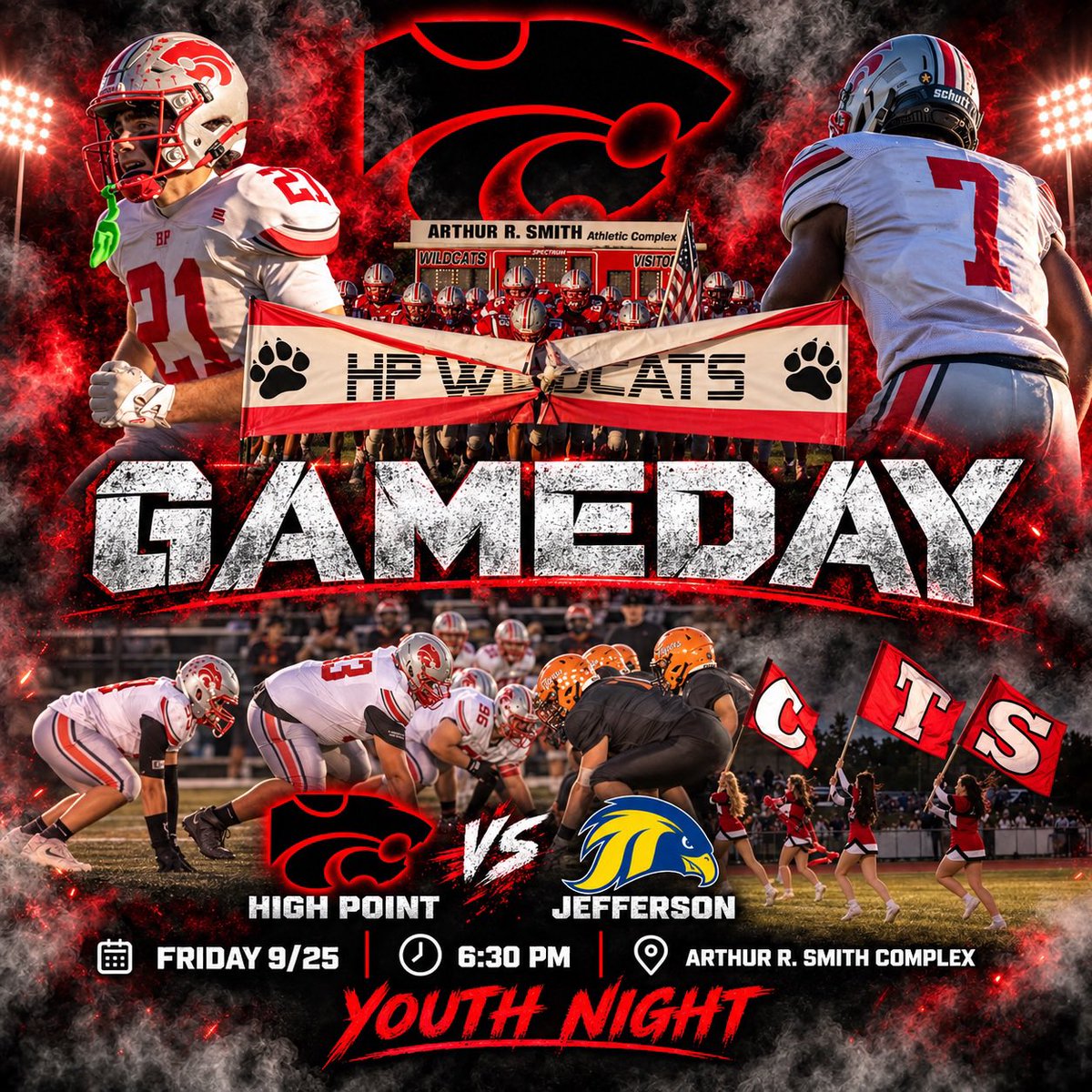 HPFootballNJ's tweet photo. GAMEDAY.

High Point vs. Jefferson
⏰ 6:30 PM
📍 Arthur R. Smith Athletic Complex
🐾 Youth Night

https://t.co/pwZo6TbLo9

Back home under the lights. #EAT #HighPointTough https://t.co/h21HVkxtK0