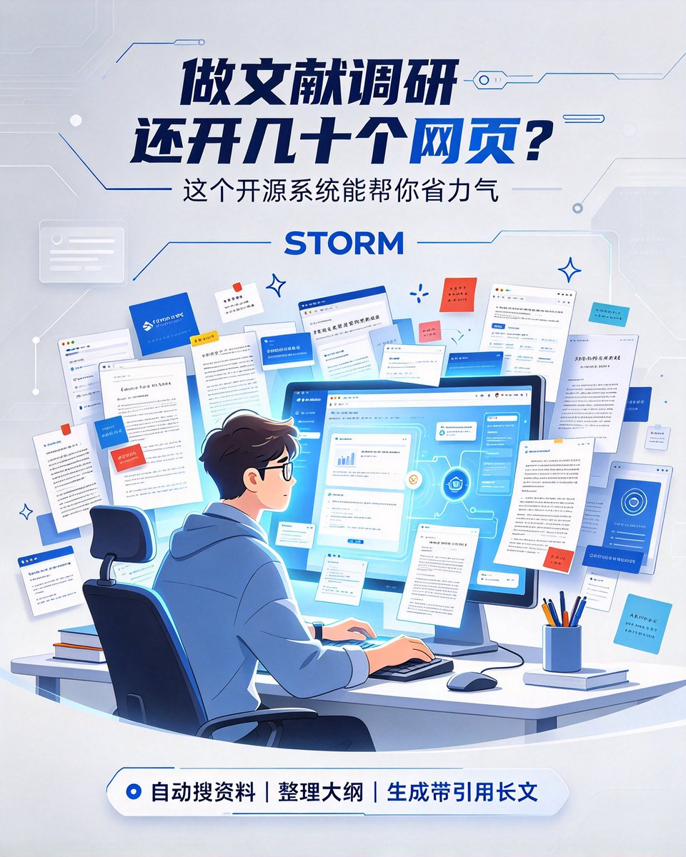 Huahuazo's tweet photo. 做文献调研、写深度稿，还靠自己一口气开几十个网页？

斯坦福 OVAL 实验室把 STORM 开源了，GitHub 上 Star 已经突破 3 万，定位就是自动化的知识研究系统。

给它一个主题，它自己就能：

1️⃣ 联网搜资料：自动找参考来源，顺手把引用记下来
2️⃣ 多视角讨论：模拟不同角色发问、追问，尽量把一个题目拆透
3️⃣ 自动搭大纲：把搜到的信息整理成结构化框架
4️⃣ 生成长文：依据资料和大纲，写出带引用的 Wikipedia 风格文章
还支持本地部署，也能接入不同的模型和检索工具。官方也特意说明，它更适合研究和写作前期，成稿还是得人工把关。
一句话，以前搜资料、列大纲、写初稿全是你自己来；现在可以先让 STORM 把这套流程走一遍。
🔗：https://t.co/BJmeQ0V75K
