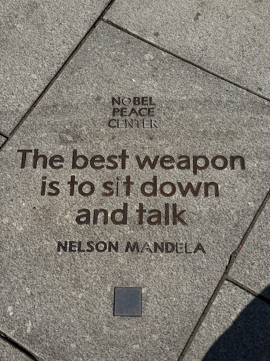 taranjeet24's tweet photo. Sometimes the most powerful weapon isn’t a weapon at all.

“The best weapon is to sit down and talk.” — Nelson Mandela

Spotted outside the Nobel Peace Center in Oslo. A simple thought. A powerful reminder https://t.co/ebdxargci9