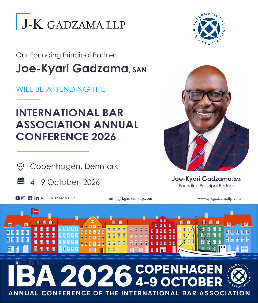 JKGadzamaLLP's tweet photo. Our Founding Principal Partner, Joe-Kyari Gadzama SAN and Junior Partner, Jerry Ombugadu Musa, will be attending the 2026 IBA Annual Conference taking place from 4-9 October 2026 in Copenhagen, Denmark. 

We look forward to connecting with you in Copenhagen! 

#IBA #IBA2026 https://t.co/m2NGI9otmR