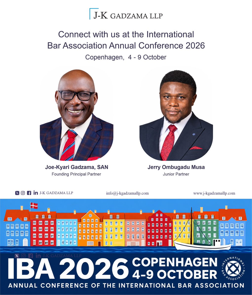 JKGadzamaLLP's tweet photo. Our Founding Principal Partner, Joe-Kyari Gadzama SAN and Junior Partner, Jerry Ombugadu Musa, will be attending the 2026 IBA Annual Conference taking place from 4-9 October 2026 in Copenhagen, Denmark. 

We look forward to connecting with you in Copenhagen! 

#IBA #IBA2026 https://t.co/m2NGI9otmR