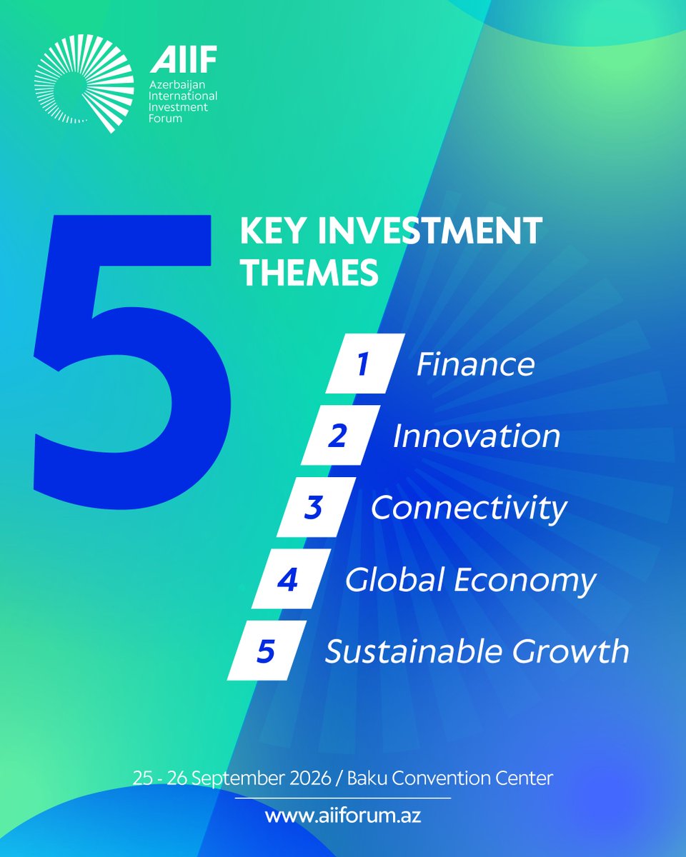 aiiforum_az's tweet photo. Five themes. One shared focus — the future of investment.

At AIIF 2026, the key directions of the investment agenda will be discussed against the backdrop of the changing global economic environment.

🌐 Global Economy — changing economic realities
🔗 Connectivity — new trade and logistics opportunities
💱 Finance — capital and financial cooperation
🤖 Innovation — AI and digital transformation
🌱 Sustainable Growth — sustainable economic development

The investment landscape is changing. The conversation starts in Baku.

#AIIF2026 #Azerbaijan #Investment