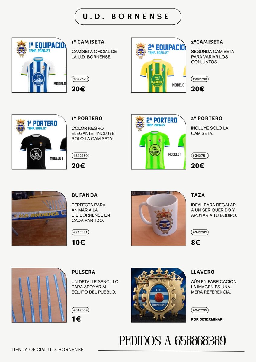 UDBornense's tweet photo. ¡Viste tus colores con orgullo! 💙🤍 Ya está disponible el catálogo oficial de la U.D. Bornense con las camisetas de la temp. 26/27, tazas, bufandas y más.   📲 Haz tu pedido por WhatsApp al 658868389 y apoya al equipo del pueblo.   #UDBornense #AúpaBornense #TiendaOficial https://t.co/C8MX63NnZx