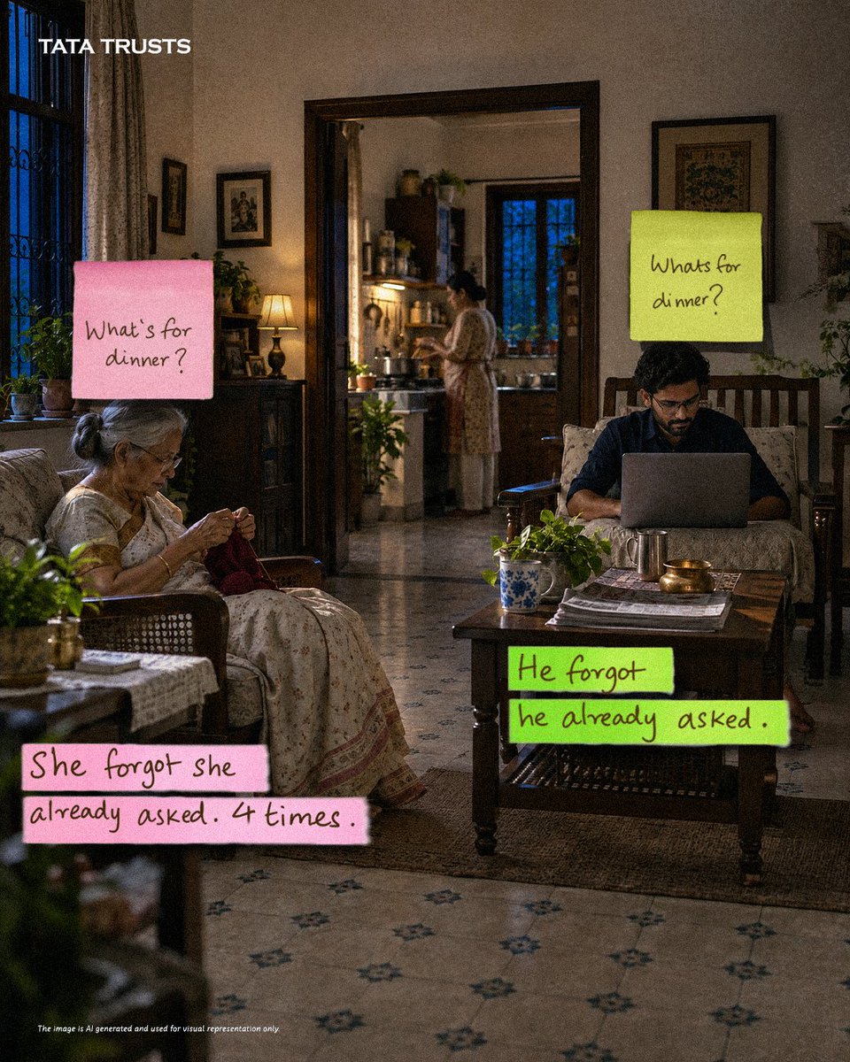 tatatrusts's tweet photo. A question repeated once is fine to miss. The same question asked three or four times is when a harmless habit starts needing more than just curiosity.
Repeating the same questions is one of the most common early signs of Alzheimer's disease, the most recognised form of dementia that affects short-term memory. Someone can recall a childhood story in detail yet lose an entire conversation ten minutes ago. It differs from forgetfulness in the ordinary sense, as it only occurs when trying to retain recent information and not long-term memory.

This is only one of many early signs of Alzheimer’s disease, which can also include difficulty completing familiar tasks or recalling specific words. There are several types of dementia, each showing up differently in memory, thinking and behaviour. Recognising symptoms is an important step toward assessment, testing and the right care.

To learn more about the signs and what to look out for, visit: https://t.co/2KnzcsR6yA

#VajoodRaheMaujood #DementiaAwareness #WorldAlzheimersMonth #TataTrusts