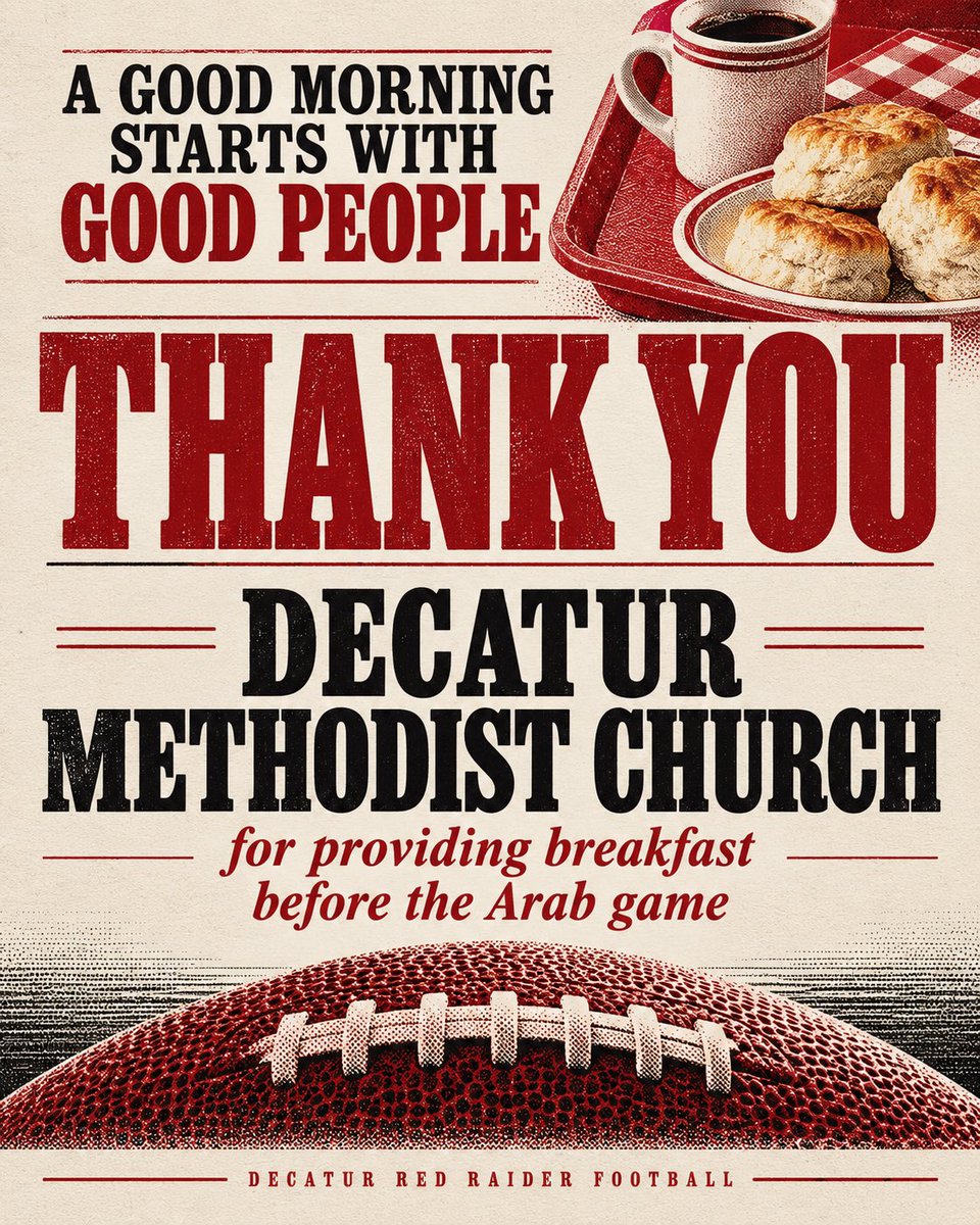 dhsfoot_ball's tweet photo. Thank you Decatur Methodist!  Decatur vs Arab at Arab in Arab Sportsplex Stadium tonight, Friday, Sept. 25th ! Kickoff at 7pm. 
#fn5gl 
#Entry 
#RedRaiders 
#Tradition 
@TMobile https://t.co/ib1t6jwbNN