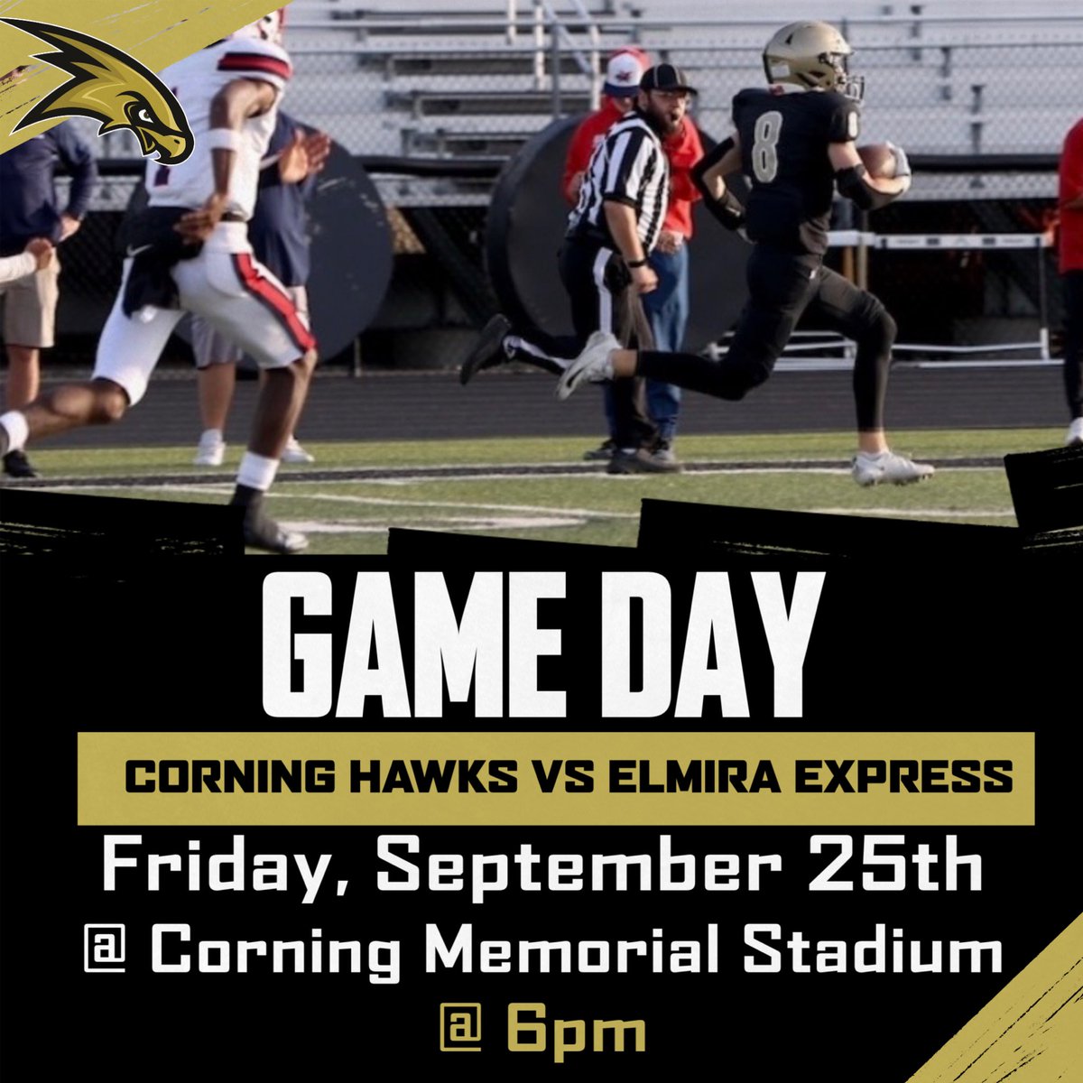 corningfootba11's tweet photo. GAME DAY!!!🏈
Corning Hawks VS Elmira Express                                         
Friday, September 25th
@ Corning Memorial Stadium 
@ 6pm
Live Stream: https://t.co/gl8IgnNXWg https://t.co/CMgAQGOmAS