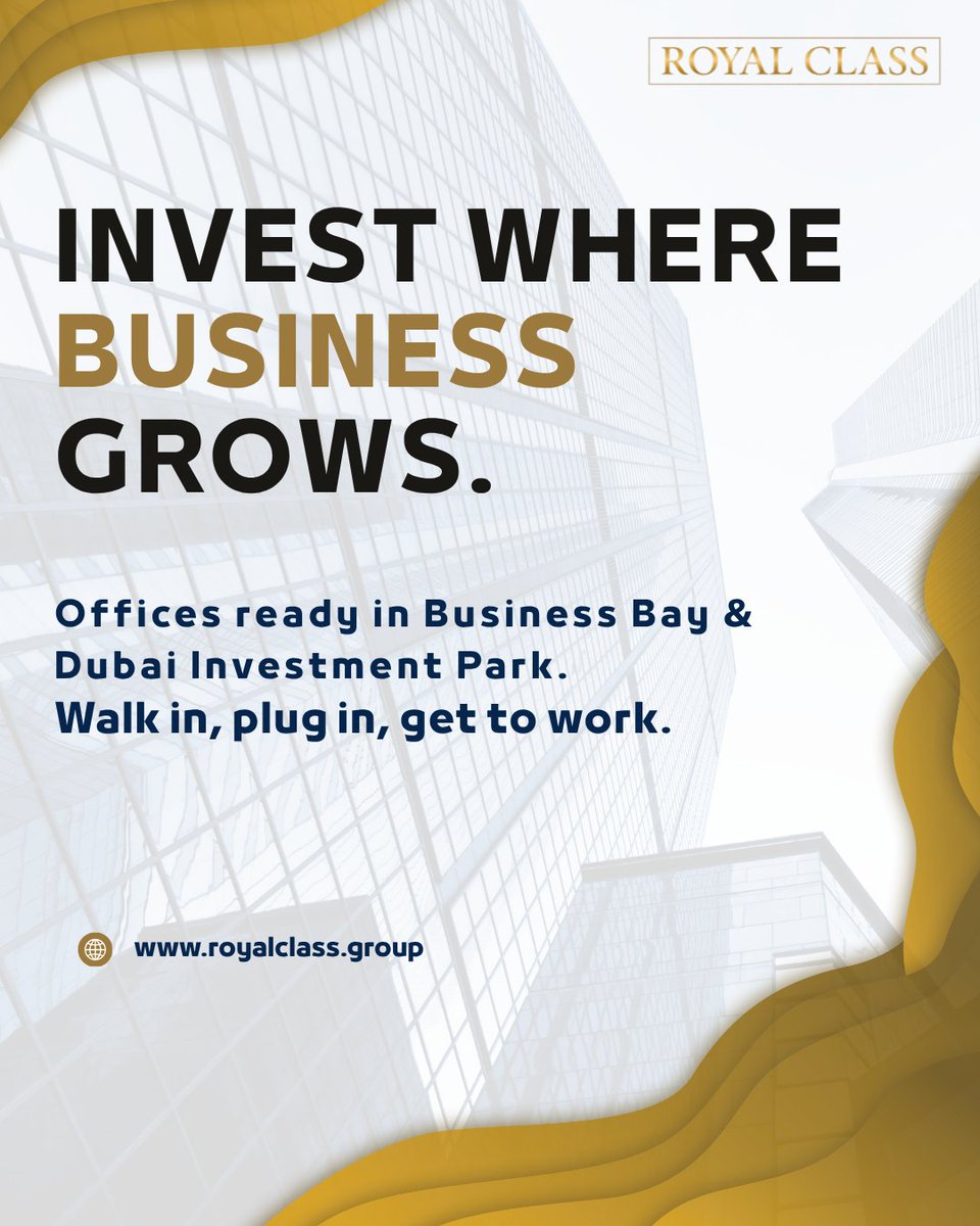 Royalclassgroup's tweet photo. Fully ready offices in Business Bay &amp; Dubai Investment Park.
Walk in, plug in, get to work - no delays, no setup headaches.

🔗 https://t.co/QLdaP3gi9t

#RoyalClass #DubaiRealEstate #BusinessBay #DubaiInvestmentPark #OfficeForRent #InvestInDubai #DubaiBusinessSetup #PrimeOffice https://t.co/tgY31mFE8U