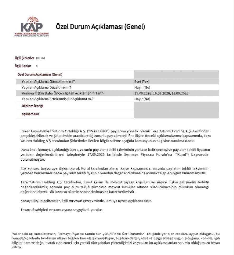 borsatosca's tweet photo. Mevzuat kaynaklı zorunlu bir yükümlülüktür. SPK’dan onay almadıkça bu yükümlülükten kendi kararıyla tek taraflı vazgeçemez.
"Sonlandırılmasına karar verilmiştir" ifadesi, şirketin durumu kendi açısından değerlendirip aldığı niyeti/kararı temsil eder. 
#PEKGY https://t.co/GT1AcxpqJe