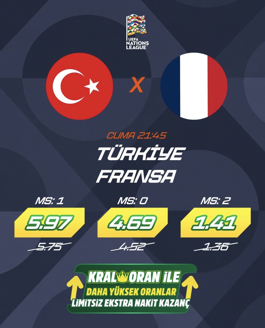BankoSans's tweet photo. 🇹🇷A Milli Futbol Takımımız, UEFA Uluslar Ligi'ndeki ilk maçında Fransa'yı ağırlıyor. 

⏰21:45
🏟️Kocaeli Stadyumu

➡️Karşılaşma, 👑Kral Oran ayrıcalığıyla 📲https://t.co/cundOhU26O 'da. https://t.co/YniZTzzpgq
