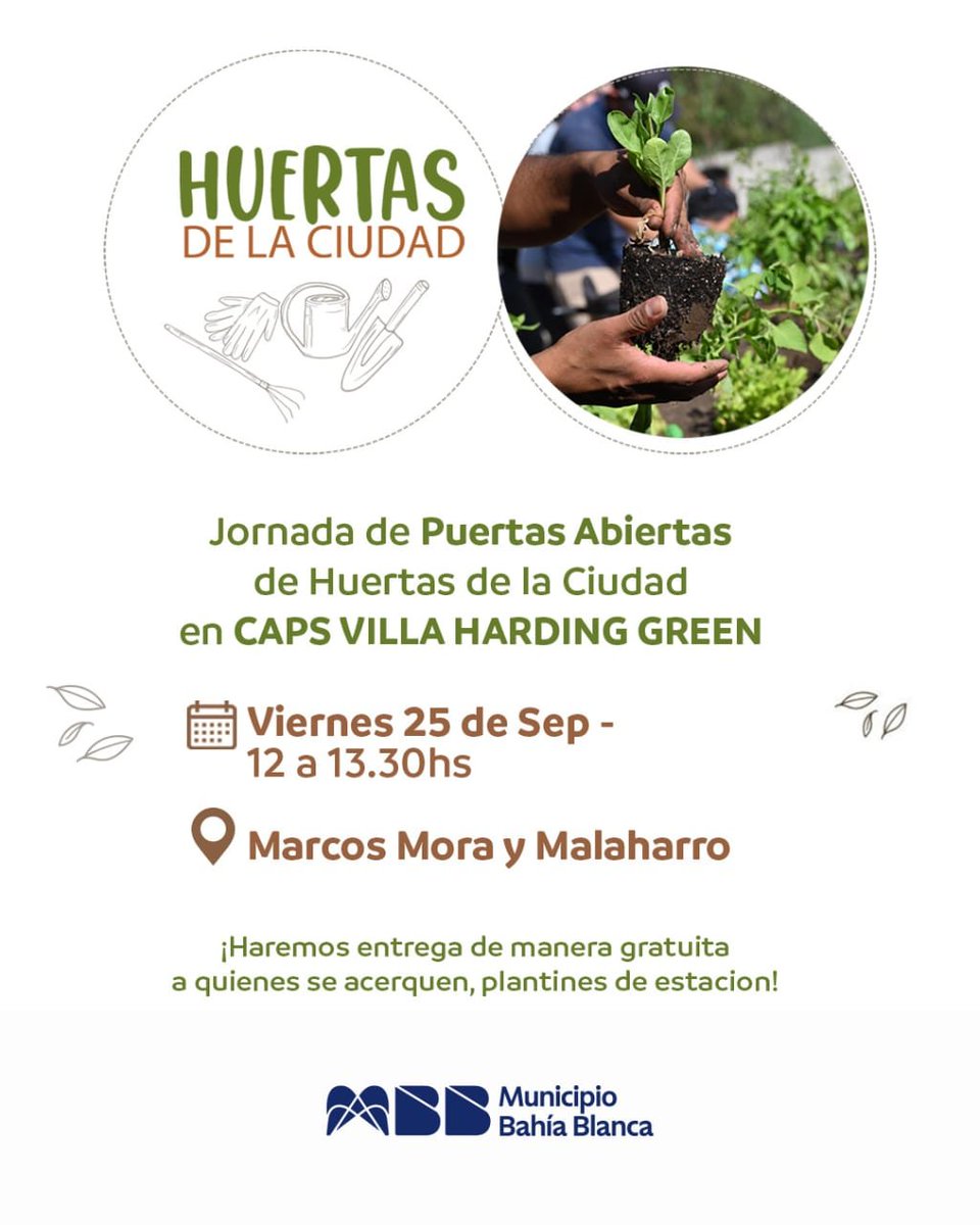Val_Fabian's tweet photo. Cerramos la semana con una doble jornada de #HuertasDeLaCiudad.🌱💚

Dos espacios, dos encuentros y una misma idea: seguir poniendo las manos en la tierra, compartiendo saberes y construyendo comunidad.🙌

🌱 En la #HuertaElPocho de #VillaNocito, nos espera una hermosa jornada de cosecha, fruto de todo el trabajo y el compromiso compartido.

🌱 Y en el #CAPS de #VillaHardingGreen, vamos a estar entregando plantines y semillas de estación para que más vecinos puedan comenzar o seguir fortaleciendo sus huertas.

Porque cada semilla que entregamos es una oportunidad para crecer, aprender y compartir. 🌱❤️

¡Te esperamos!🍅🥦🌱

#HuertasDeLaCiudad🍅🥦🌼 del @MunicipioBahia.