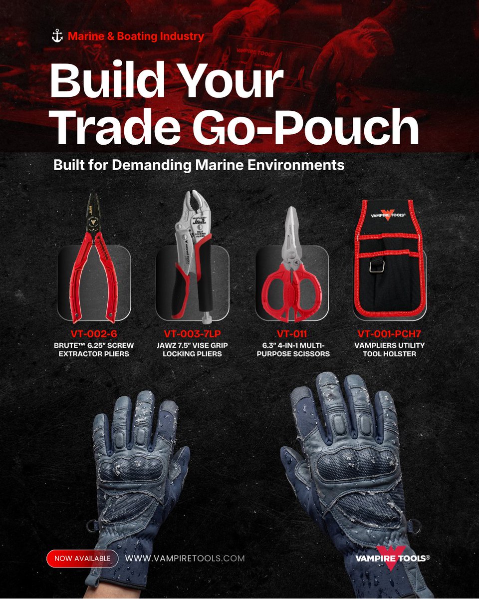 Vampire_Tools's tweet photo. Corrosion. Tight spaces. Stubborn fasteners.

Be ready with tools that help you grip, extract, cut, and get the job done. Build your Marine Go-Pouch with essential tools for demanding marine environments.

Pack it. Carry it. https://t.co/Fmv0yMGaod