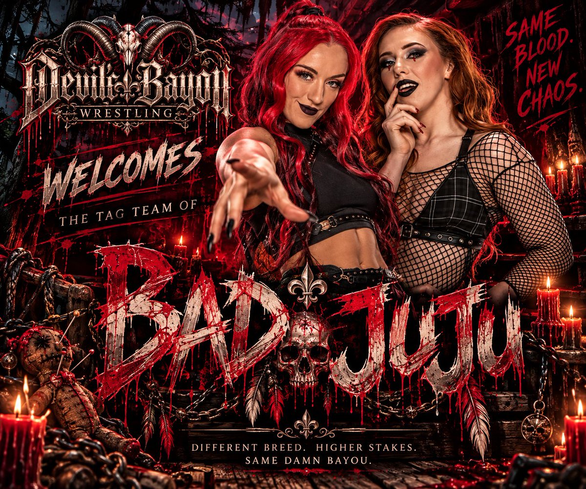 DBWeFed's tweet photo. 🚨 THE BAYOU JUST GOT SOME BAD JUJU. 🚨

Devil’s Bayou Wrestling officially welcomes BAD JUJU to the roster. 😈

Twice the trouble. Twice the chaos. And now they’ve found a new place to raise hell.

Welcome to the Bayou, ladies. 🩸

@juju_cosette @juju_colette https://t.co/PCMsXUEW3C
