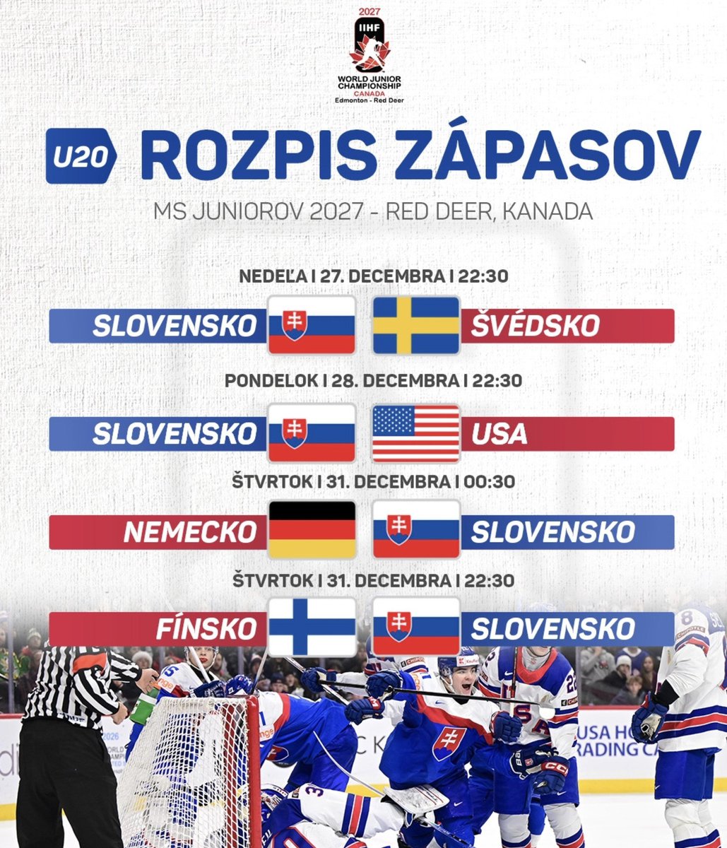 FilipUrbanlt7o's tweet photo. Vianočné sviatky budú tento rok patriť hokeju 🏒 Slovensko čakajú MS hráčov do 20 rokov v kanadskom Red Deere, kde sa v základnej skupine stretne so Švédskom, USA, Nemeckom a Fínskom

#Slovensko #MS20 #Hokej #SlovenskýHokej https://t.co/0Korh25Aqi