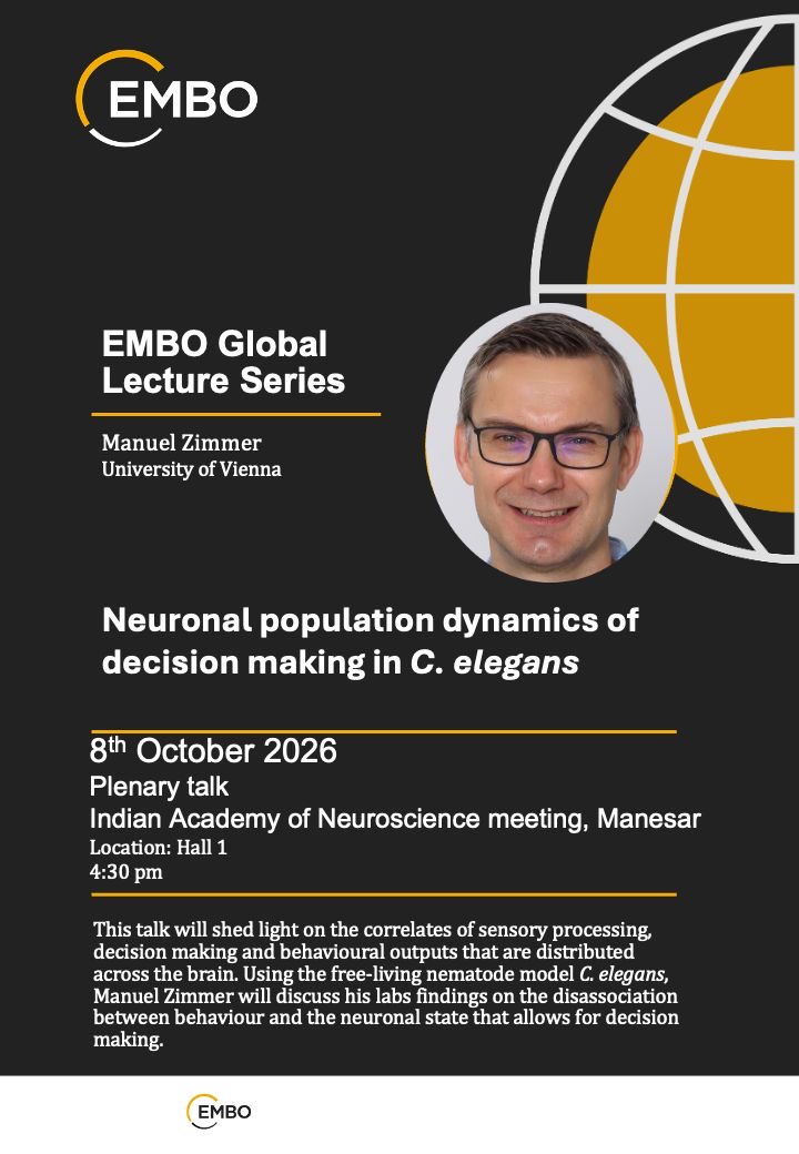 IndAcadNeurosci's tweet photo. We are happy to announce the Plenary lecture by Dr Manuel Zimmer at the 44th annual meeting of IAN (@IAN_2026_) during October 6-9,  2026 hosted by @DBT_NBRC as @EMBO speaker. 
@WormlockHolmes @ViditaVaidya @DBTIndia https://t.co/v0lcKGbf6C