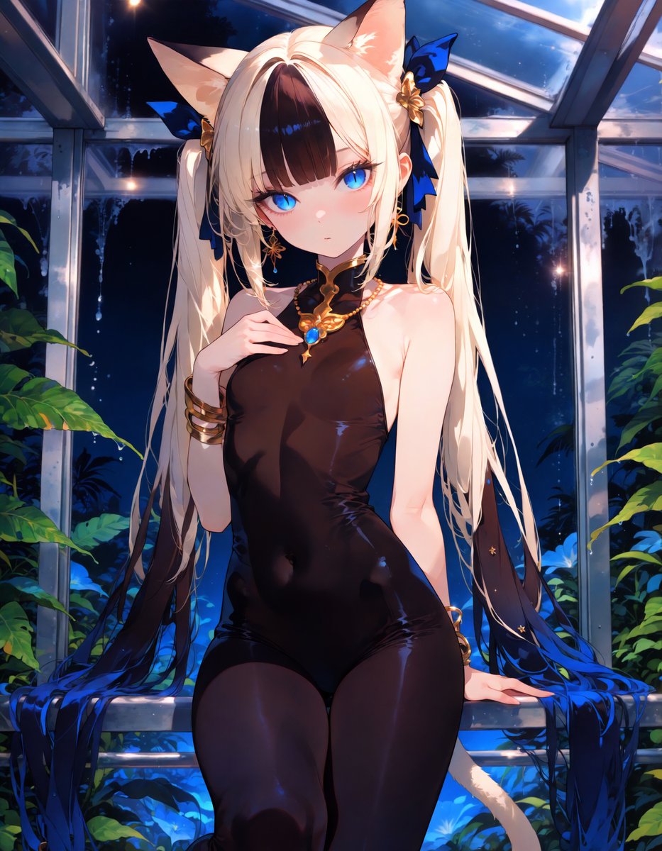 etniut's tweet photo. 夜の温室では、猫のように静かに。
見つめているの、気づいていますわ。🐈‍⬛💙

#AIArt #OriginalCharacter
Original anime-style character art, SFW. https://t.co/JeVli0pNn7