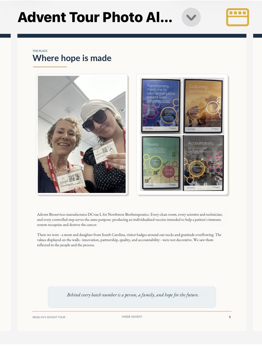 HollensbeAmanda's tweet photo. Come inside with us. ❤️

A few days ago, I shared the outside of the Advent Bioservices $NWBO facility in Sawston, England—the place where Braelyn’s personalized DCVax-L vaccine was made.

Today, I want to take you through those doors.

After everything it took to get here—brain surgery, preserving and shipping Braelyn’s tumor tissue, leukapheresis and months of waiting—it was surreal to stand inside the place where her own tumor tissue and immune cells were transformed into a vaccine made specifically for HER.

But what touched me most were the people behind the science.

Next, I’ll introduce you to some of the scientists who actually worked with Braelyn’s tumor tissue and immune cells—and show you how this personalized vaccine was made.

Behind every batch number is a person, a family, and hope for the future. ❤️

#DCVaxForBraelyn #Glioblastoma #BrainCancer