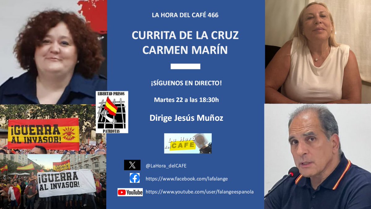 LaHora_delCAFE's tweet photo. Programa #LaHoradelCAFE 466 #LHDC466

Vídeo en Vk
 📽 https://t.co/1TDFUzcMcT

Dirige
➡️Jesús Muñoz @MasRazonqUnSant

Con
➡️@CurritaDelaCruz
➡️@Carmenmemarin
➡️Raquel García

Sobre
👉La invasión de España que se ve, como la de Ceuta
👉Y la invasión continua que nos ocultan

#CeutaSeDefiende