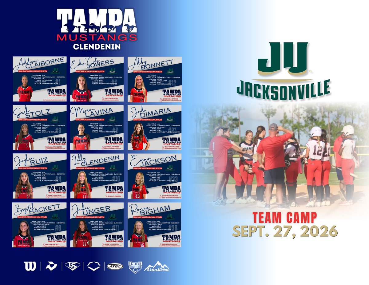 T_Mustangs_2030's tweet photo. 🥎 TEAM CAMP BOUND! 🥎

We are excited to be going to @JAX_Softball for a Team Camp! Looking forward to seeing our girls push themselves, compete and learn from some amazing coaches!!

📍 Jacksonville University
📅 September 27, 2026

Let’s work, Mustangs! 🐎🔥 https://t.co/mM0jDGGP55