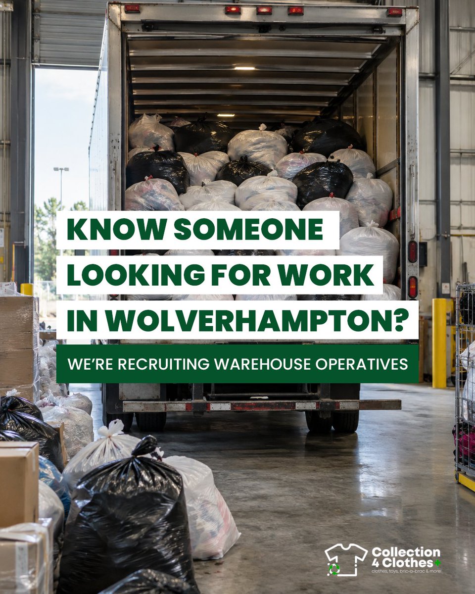 Collection4C's tweet photo. Know someone looking for work in Wolverhampton? 👋

We’re recruiting Warehouse Operatives in WV2 to sort donated clothing and household items.

Reliable, hardworking and detail-focused?

📧 jaz@collection4clothes.co.uk

Please share to help us spread the word. https://t.co/fPffE9yTcr