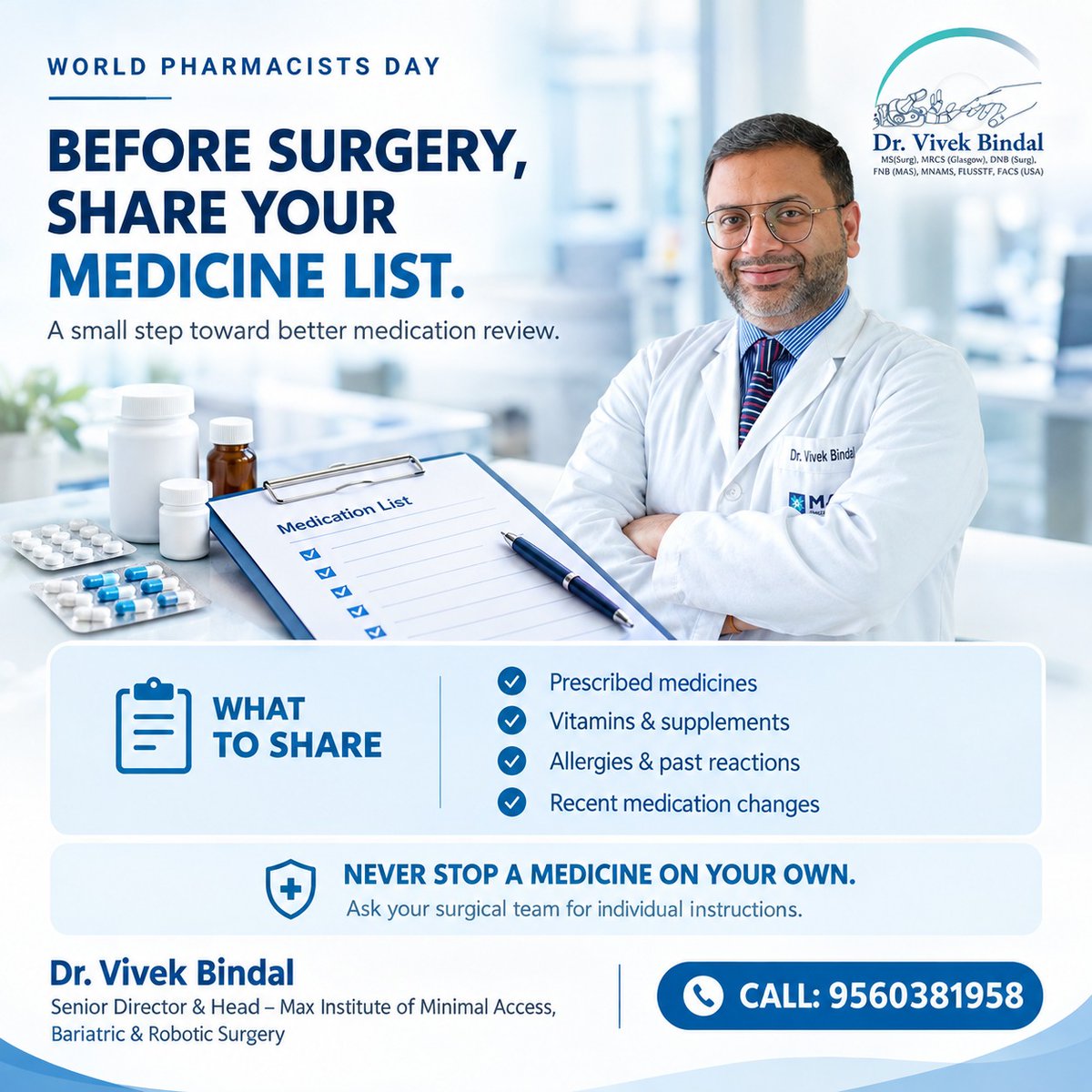 drvivekbindal's tweet photo. Before #plannedsurgery, share your complete #medicinelist, including #supplements, #allergies and recent changes.
Never stop or change medicines on your own. Ask your surgical team for guidance.
#MedicationSafety #PatientSafety https://t.co/71nypQjnpd