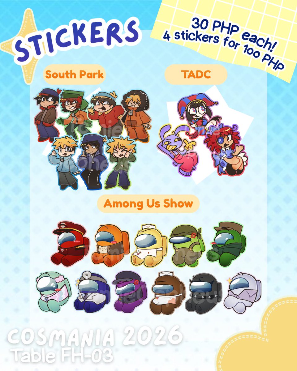 TomieCepheuss's tweet photo. Finally dropping my catalog for my booth in Cosmania! And my first time boothing for real this time ✨

Homestuck, Deltarune, The Amazing Digital Circus, South Park, Eddsworld, Among Us Show

📍SMX Convention center
🗓️ October 2 - 4, 2026

#cosmania #cosmania2026 #artistalley https://t.co/qfR0CD50DC