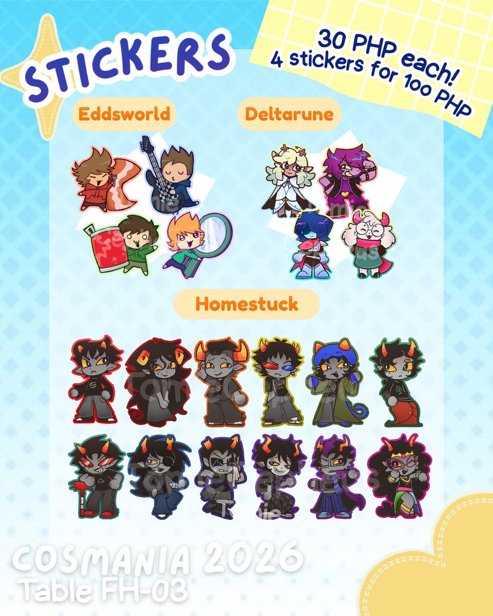 TomieCepheuss's tweet photo. Finally dropping my catalog for my booth in Cosmania! And my first time boothing for real this time ✨

Homestuck, Deltarune, The Amazing Digital Circus, South Park, Eddsworld, Among Us Show

📍SMX Convention center
🗓️ October 2 - 4, 2026

#cosmania #cosmania2026 #artistalley https://t.co/qfR0CD50DC