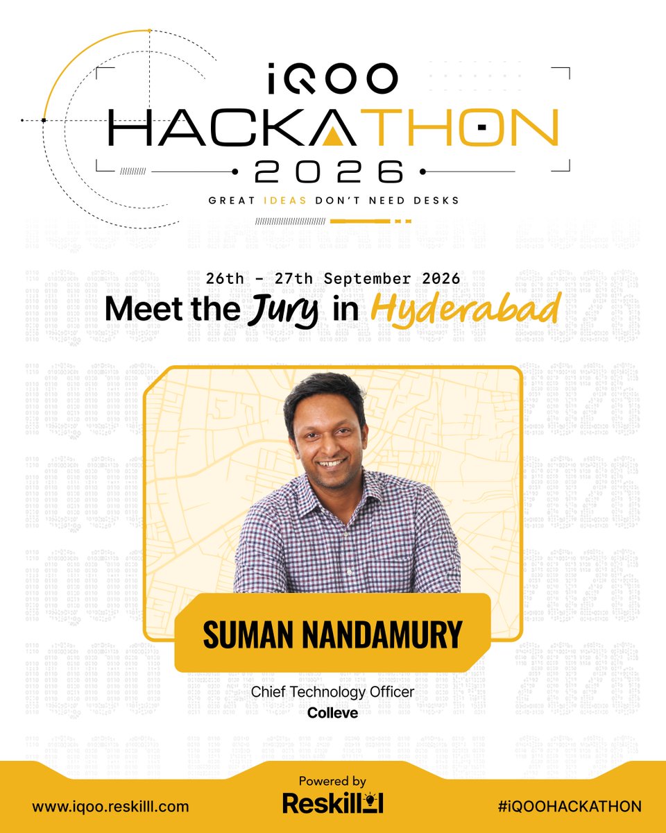 Reskilll's tweet photo. Meet Suman Nandamury, Chief Technology Officer at Colley, joining the jury for the iQOO Hackathon 2026 – Hyderabad Battle.

With 26 years of hands-on experience across AI, solution architecture, MLOps and intelligent automation, Suman brings a strong perspective on turning ambitious ideas into scalable, production-ready solutions.

As teams take their ideas from concept to build, his experience will add valuable perspective to the solutions taking shape in Hyderabad.

📍 Hyderabad
📅 26–27 September 2026

The teams are ready. We look forward to seeing what they build.

#iqoo #reskilll
@IqooInd