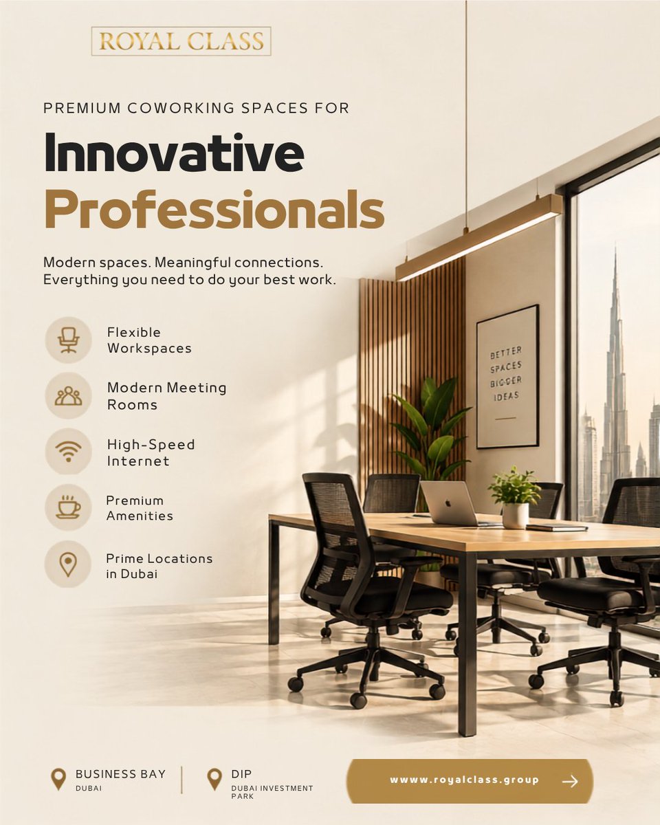 Royalclassgroup's tweet photo. From flexible workspaces and modern meeting rooms to high-speed internet, premium amenities, and prime Dubai locations - everything is designed to help you work smarter, connect better, and grow confidently.

📍 Business Bay | Dubai Investment Park

🌐 https://t.co/QLdaP3gi9t https://t.co/Ofa5O3PMzq