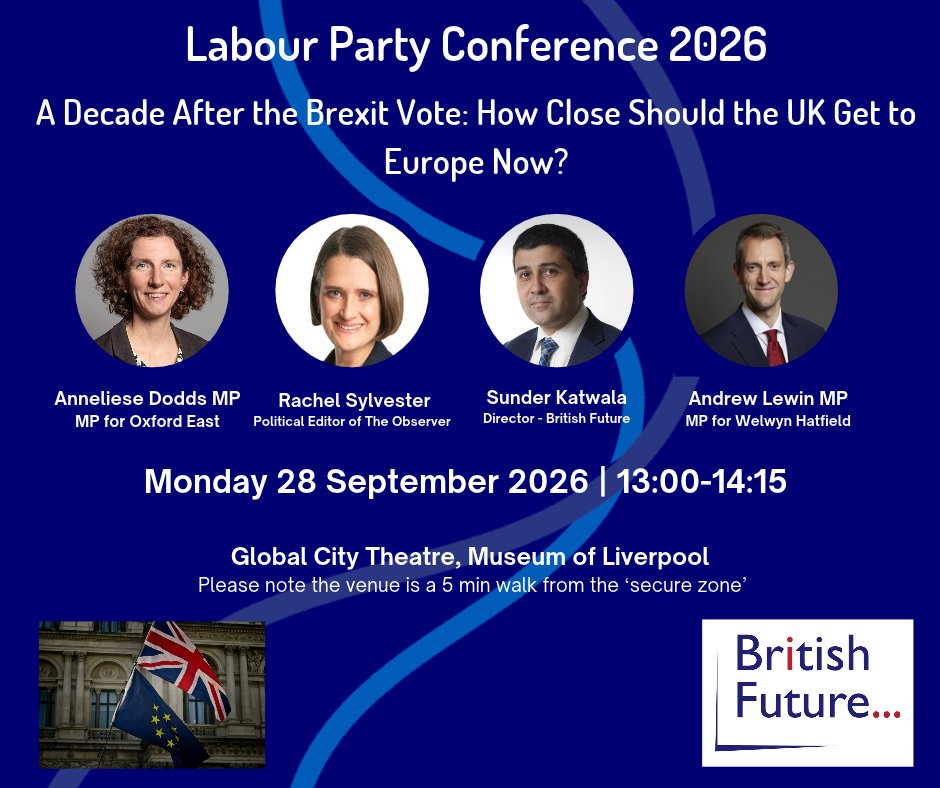 britishfuture's tweet photo. 'A Decade After the Brexit Vote: How Close Should the UK Get to Europe Now?' Join us for this Labour Conference fringe panel Mon 28th 1pm with @AnnelieseDodds; @RSylvester1; Andrew Lewin MP; and our @sundersays https://t.co/AImJRzx6Ql