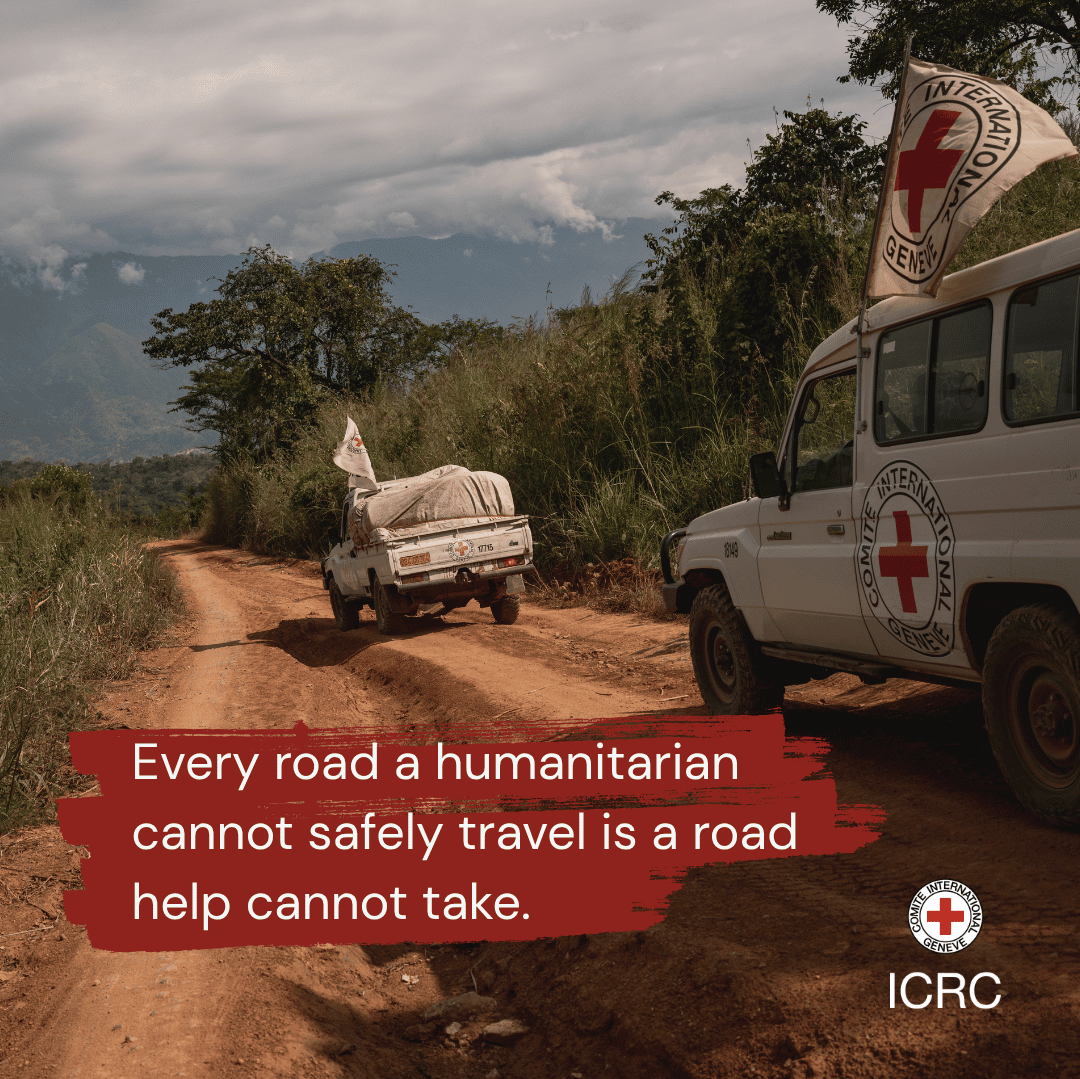 ICRC's tweet photo. When roads are inaccessible, unsafe or blocked, humanitarian personnel may be unable to reach people who urgently need support.
 
They must be able to do their jobs safely and without fear for their lives.

Attacks against humanitarian personnel must never be normalized. https://t.co/pThDjaq0wS