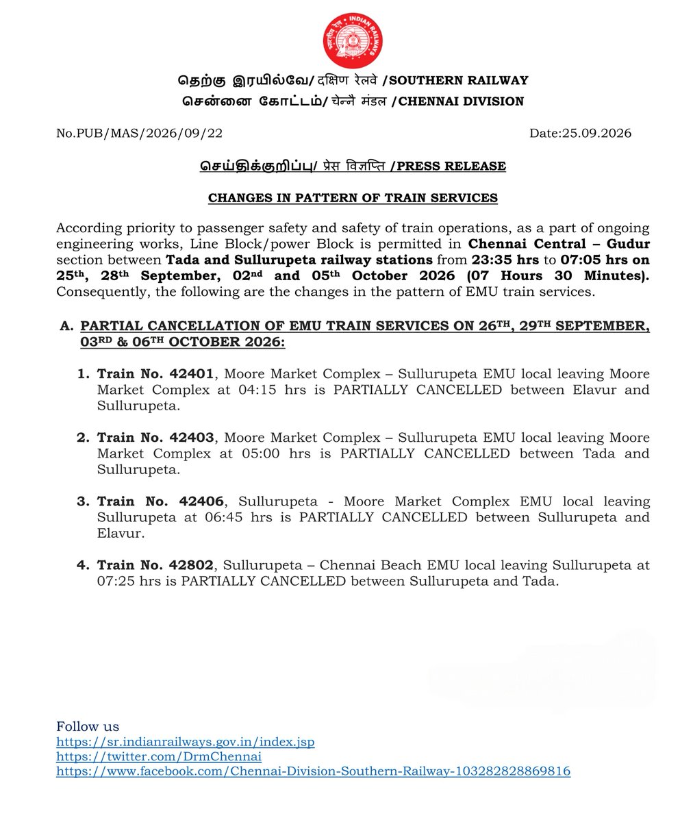 DrmChennai's tweet photo. 🚆 Engineering Works Update

⚠️ As a part of ongoing engineering works, Line Block/Power Block is permitted in the #ChennaiCentral – #Gudur section between #Tada and #Sullurupeta railway stations on 25th, 28th September, 02nd and 05th October 2026.

ℹ️ Passengers are requested to plan their journey accordingly.

#SouthernRailway #ChennaiDivision #EngineeringWorks #TrainServices #PassengerInformation #RailwayUpdate #TrainUpdates #RailwayOperations