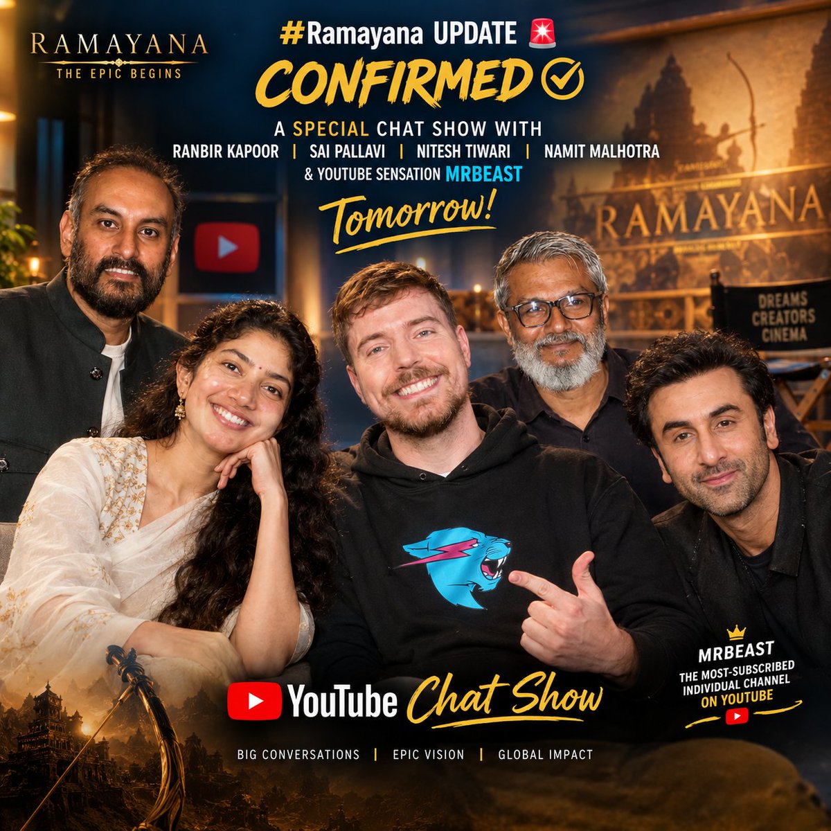 TheFilmDeskIN's tweet photo. #Ramayana UPDATE 🚨

CONFIRMED ✅ #RanbirKapoor, #SaiPallavi, #NiteshTiwari &amp; #NamitMalhotra are set to join YouTube sensation #MrBeast for a chat show tomorrow! 🔥

A major global crossover as MrBeast remains the most-subscribed individual creator on YouTube. 🌍💯 https://t.co/opx6WYmntP