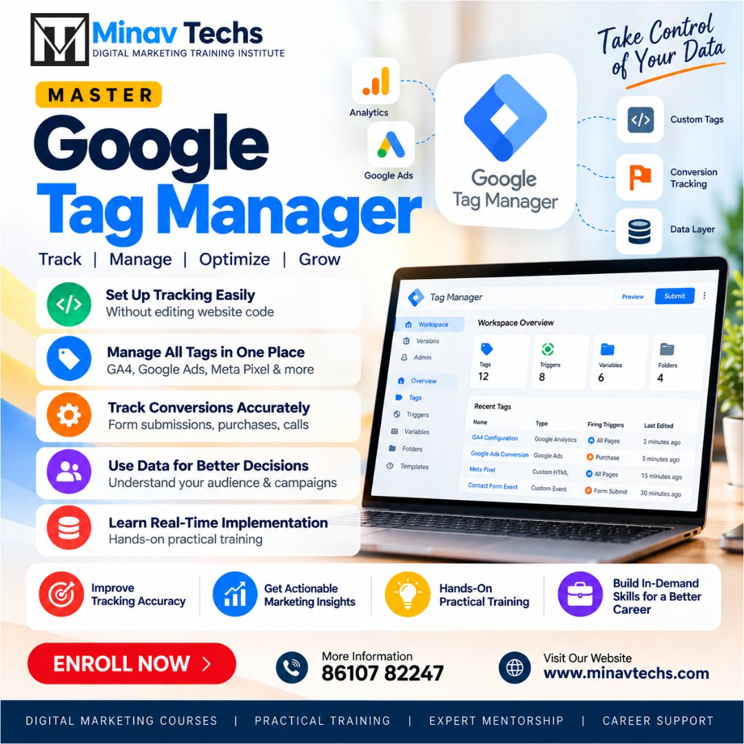 minavtech's tweet photo. 📊 Great marketing starts with accurate data.

Master Google Tag Manager with Minav Techs. Learn tracking, GA4, Google Ads &amp; conversion tracking.

🚀 Track. Optimize. Grow.

📞 86107 82247
🌐 https://t.co/MNrtZQQPAy
#GoogleTagManager #GTM #GA4 #DigitalM https://t.co/ygdvb8F9Hp