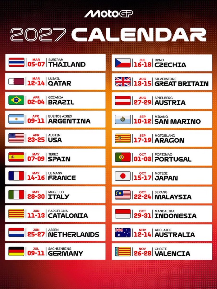 RaceLineFR's tweet photo. MOTOGP

🚨OFFICIEL
Voici le calendrier pour la saison 2027 de MotoGP :
Avec 2 nouveaux grands prix en Argentine à Buenos Air et en Australie à Adélaïde

(VIA @MotoGP)
#MotoGP https://t.co/b2ukldY55h