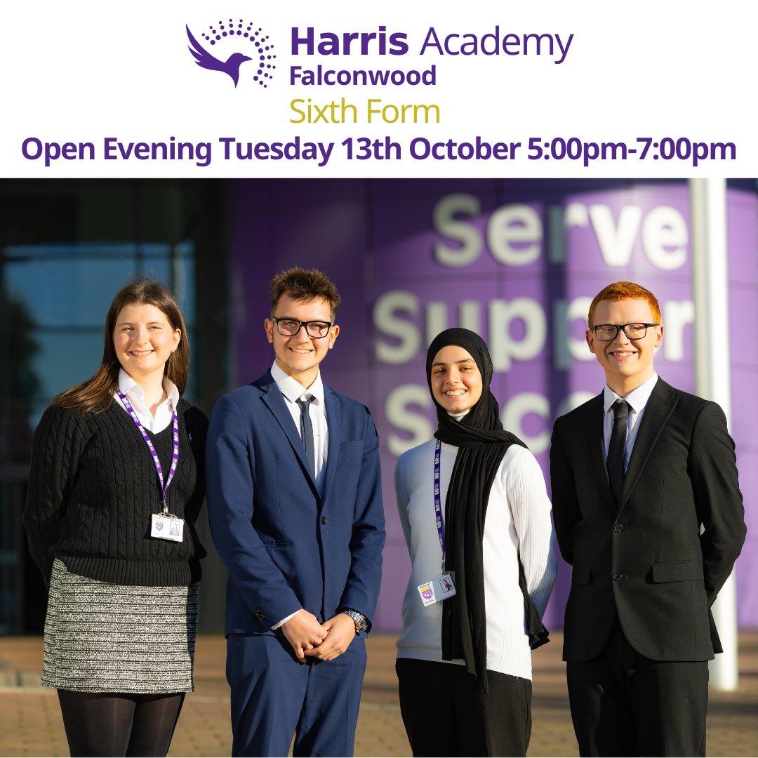 Join us at Harris Academy Falconwood Sixth Form Open Evening on Tuesday 13th October 5pm-7pm! Discover our A Level and Level 3 CTEC courses, meet staff and students, and tour the academy. We look forward to welcoming current Year 11 students and their families. No tickets needed. Image