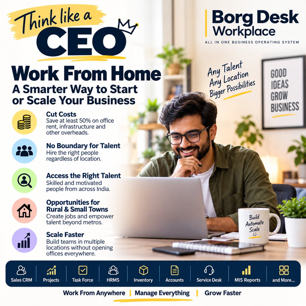 kpsinghofficial's tweet photo. Work From Home can be a growth strategy - not just an employee benefit.

Lower office costs.
No geographical limits on talent.
Access to skilled people in small towns & rural areas.
Scale teams without opening offices everywhere.

But WFH needs SOPs + technology + accountability.

Don’t manage where people work.
Build a system that measures what gets done.

#Startup #SME #RemoteWork #BusinessGrowth #Entrepreneurship 
#borg 
#borgdesk
#borgdeskworkplace