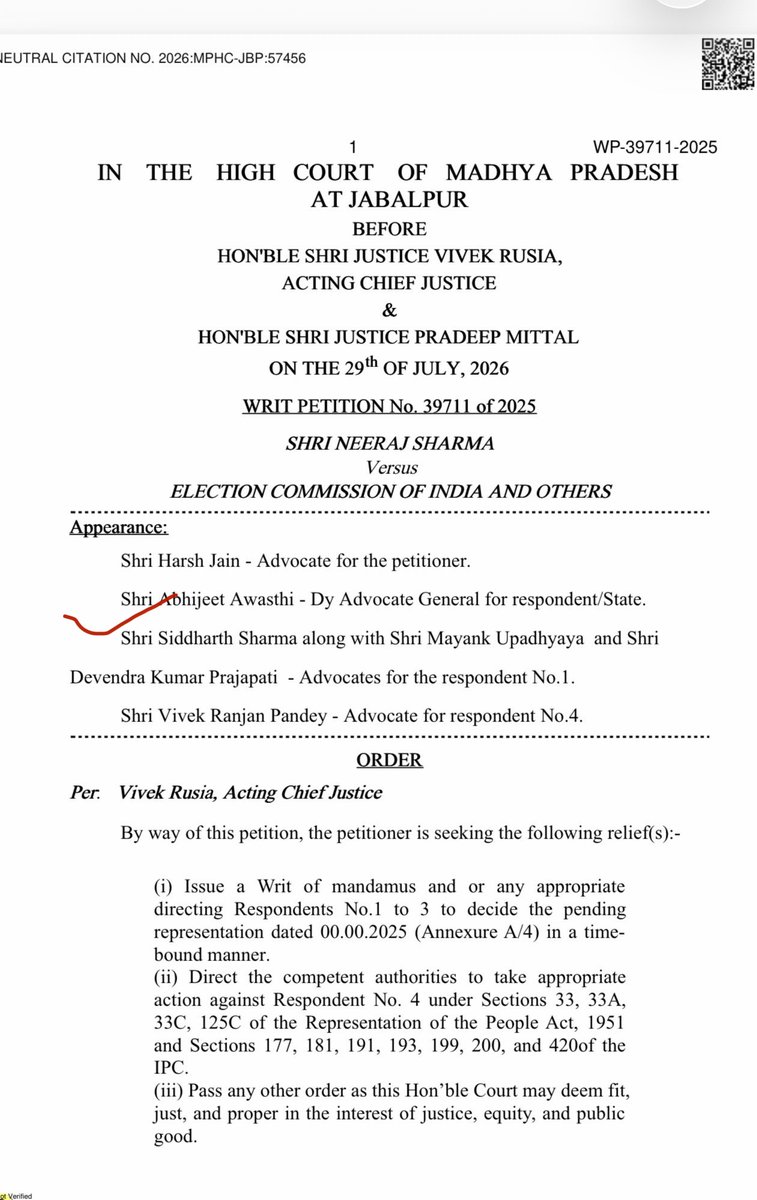 MahuaMoitra's tweet photo. Hon’ble Chief Justice of India - Siddharth Sharma, son of Justice Sharma practices in Jabalpur, is empanelled by @ECISVEEP, has appeared for them. How can his father hear Gyanesh Kumar CEC’s case? How can he be put out of turn to give relief to CEC daughter? https://t.co/gXRyfqm5aE