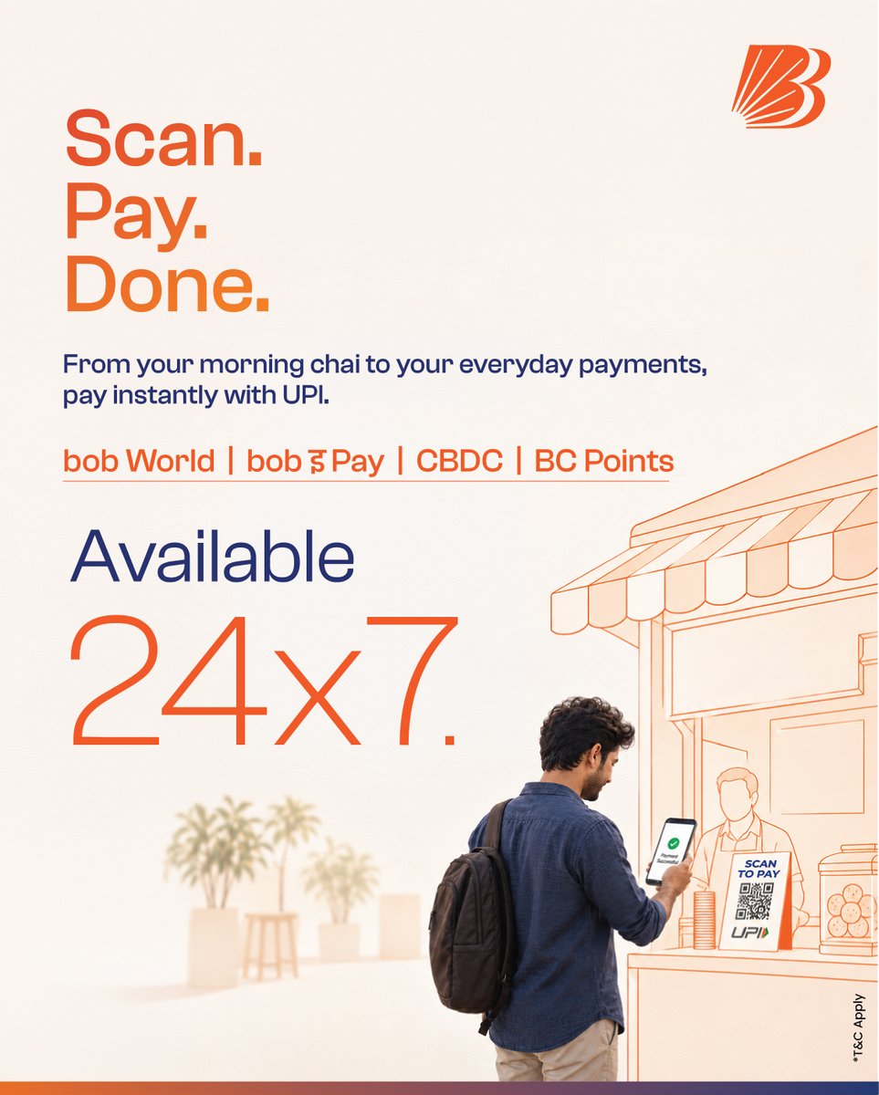 bankofbaroda's tweet photo. Make every payment quick and effortless with UPI.
With bob World, bob ₹ Pay and CBDC, enjoy the convenience of making digital payments 24x7, whenever you need them.
Scan. Pay. Done.
#BankofBaroda #UPI #DigitalPayments #24x7Banking #bob₹Pay #bobWorld https://t.co/39gBFxEj2L