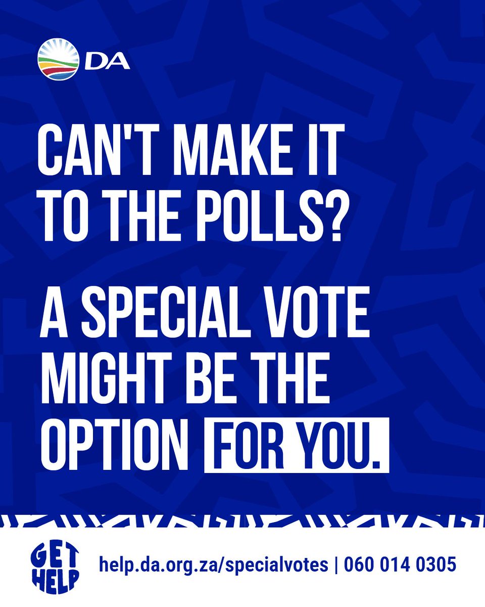 Our_DA's tweet photo. 🚨 CAN’T MAKE IT TO YOUR VOTING STATION ON ELECTION DAY? DON’T MISS YOUR CHANCE TO VOTE!

You can only vote where you’re registered. But if you can't vote on 4 November, you can apply for a special vote and vote early! 

Need help? We’re just a message away.👇🏾
🛜 https://t.co/kTDeBVf3cs
📲 WhatsApp 060 014 0305