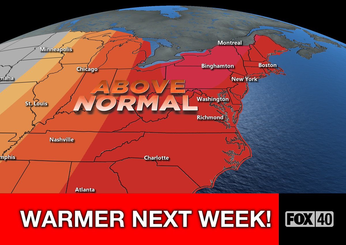 mark_tarello's tweet photo. WARMER WEATHER LOVERS: The latest outlook hints at above normal temperatures next week with highs in the 70’s across the Northeast! https://t.co/H85Gm2iR12