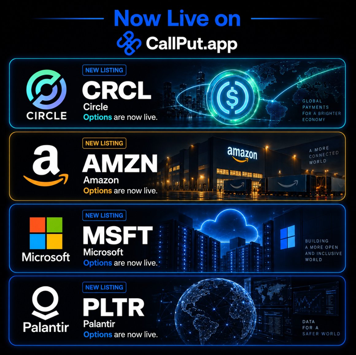 CallPutApp's tweet photo. We keep building 🚀 We keep listing 📈

7 new options markets are live on CallPut:
$META $GOOGL $AAPL $CRCL $AMZN $MSFT $PLTR 

More tickers. Bigger surprises ahead 🤫
We’re just getting started

P.S. The points system launches soon. But your points are already stacking 👀 https://t.co/cGH5jsnPs4