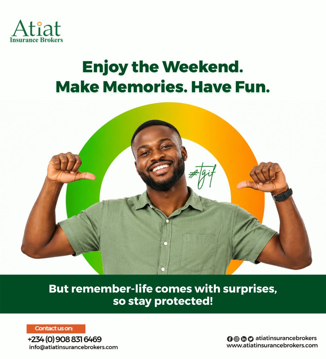 atiatinsurance's tweet photo. Enjoy the weekend! 🎉
Make memories and have fun. But remember that life comes with surprises so stay covered. #TGIF
.
..
#atiatinsurance #weekends https://t.co/u026RRdNFU