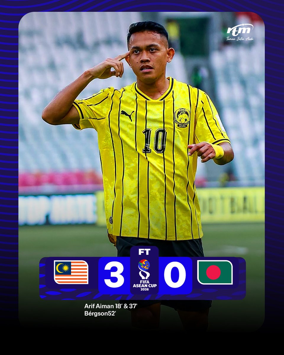 RTM_Malaysia's tweet photo. FIFA ASEAN CUP 2026

𝐅𝐔𝐋𝐋 𝐓𝐈𝐌𝐄

MALAYSIA 🇲🇾 3-0 🇧🇩 BANGLADESH

⚽ Arif Aiman 18’, 37’
⚽ Bergson 52’

#FIFAAseanCup2026
#HarimauMalaya
#SorakWithRTM https://t.co/1U4D7vj6bY