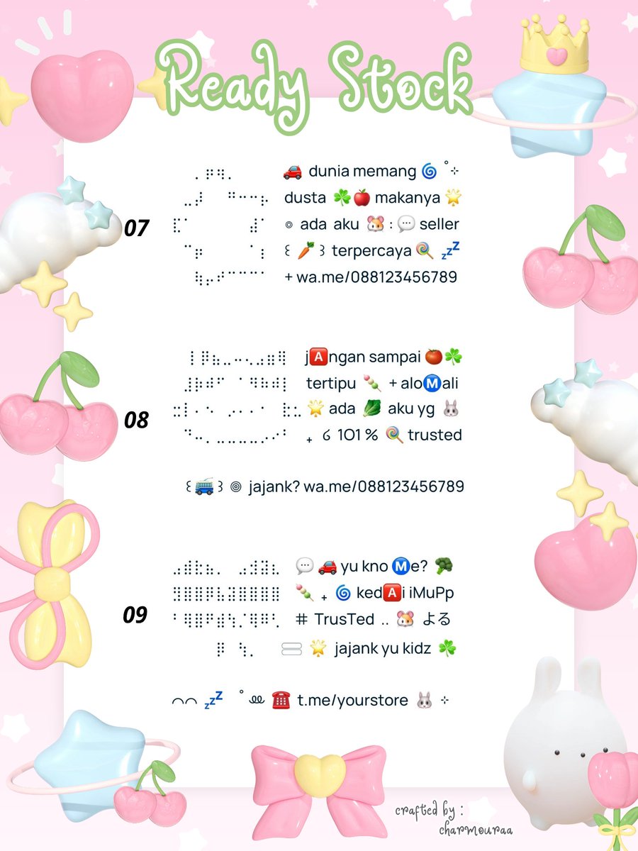 charmouraa's tweet photo. ◎ ꔛ ˚ help repost? thank you 🎀 💬

🍏 gusyyy aku bawa ☘︎ 9 wording pinned  ៸៸ 👛 𓊔 👚 price only @ 5.500 𖠗 ⁺ 🍪🐰 bisa kamu jemput by dm atau wassap 💬  ーこらいと。。
#zonauangㅤ https://t.co/Mpr86tq0xq