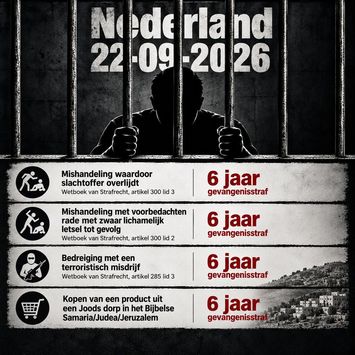 oscarlohuis's tweet photo. De Nederlandse regering zegt met de handelsboycot van producten van Joden uit Judea en Samaria en de Oude Stad van Jeruzalem: Joden wonen daar onrechtmatig en moeten daar weg. Zij zijn illegale bezetters en kolonisten die het land afpakken dat van anderen is. Daarom verbieden wij om te kopen bij deze Joden. 

In dat gebied wonen echter al 3400 jaar Joden, vanaf de intocht in het land onder leiding van Jozua. Onder andere de stam Juda vestigde zich daar, waardoor later dat land Judea is gaan heten. Daar komt de naam Jood vandaan, en zo is heel het volk Israël gaan heten. Een klein kind kan het begrijpen: Joden komen uit Judea. 

Ook sinds Bijbelse tijden, de afgelopen 2000 jaar, hebben daar doorlopend Joden gewoond, ook al waren het er soms maar weinig vanwege de wereldwijde diaspora. Ook in Jeruzalem hebben door de eeuwen heen bijna altijd Joden gewoond. Vanaf 1840 zijn Joden de grootste bevolkingsgroep van de stad Jeruzalem. Het enige Jeruzalem wat er toen was is wat wij nu de Oude Stad van Jeruzalem noemen. 

Maar nu leeft bij velen het idee dat Joden niet in Judea of in het Oude Jeruzalem mogen wonen. Dit is het gevolg van het uiterst valse en misleidende Palestinianisme van deze tijd. 

Wat de Nederlandse regering doet doet denken aan wat de nazi's in de jaren '30 en '40 van de vorige eeuw zeiden: 'Voor Joden verboden!' en 'Niet bij Joden kopen!' 

Nederland glijdt af richting de afgrond door extreem links (marxisme), de doorgeslagen woke-ideologie en oprukkend islamisme.